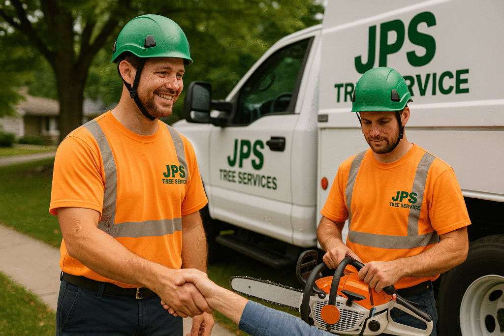 Friendly JP's Tree Service workers assisting a North Michigan homeowner with tree care, emphasizing professionalism and neighborly service.