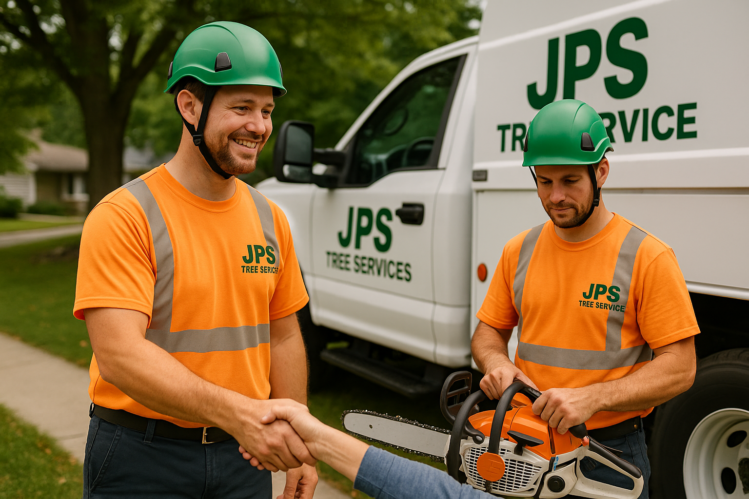 Friendly JP's Tree Service workers assisting a North Michigan homeowner with tree care, emphasizing professionalism and neighborly service.